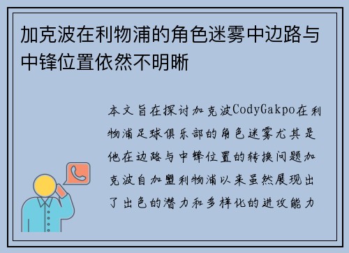 加克波在利物浦的角色迷雾中边路与中锋位置依然不明晰