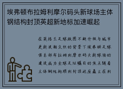 埃弗顿布拉姆利摩尔码头新球场主体钢结构封顶英超新地标加速崛起 埃弗顿布拉姆利摩尔码头新球场主体钢结构封顶英超新地标加速崛起